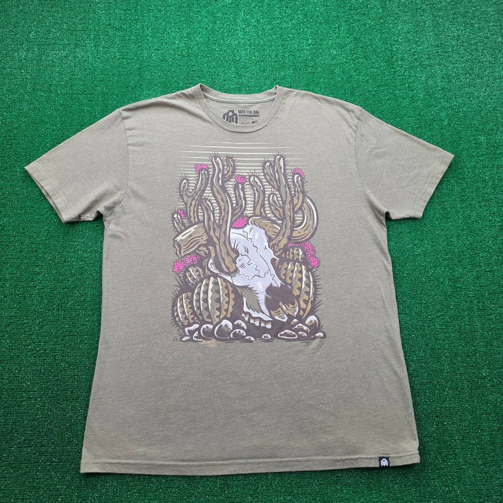 Into The AM Shirt Mens XL Military Green Desert Cow Skull Cactus Graphic Tee‎